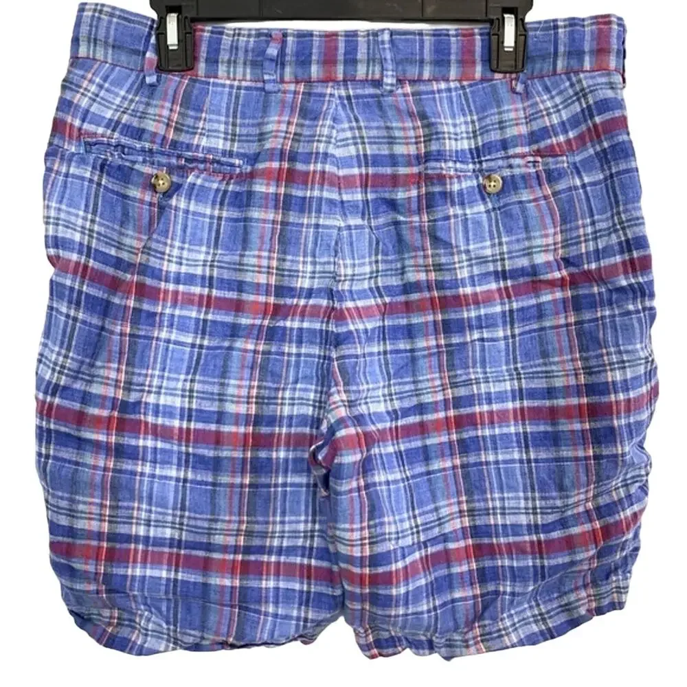 PETER MILLAR Blue Pink Linen Men's Flat Front Shorts Golf Casual Plaid sz 34